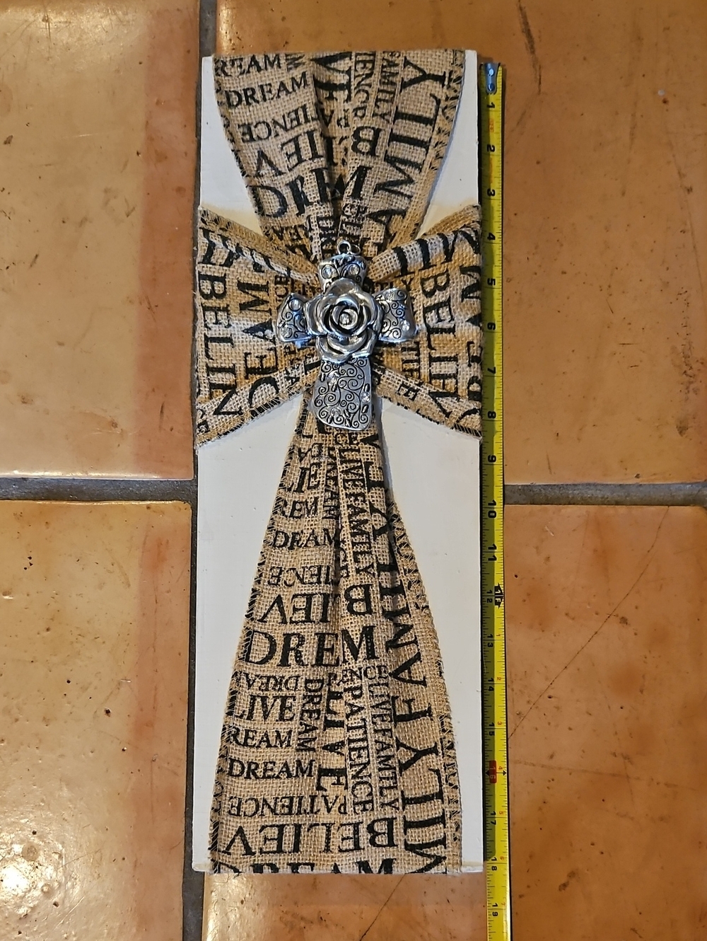Text Print Burlap Cross Wall Decor with Silver Rose Accent